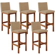 Kit 05 Banquetas Altas Para Cozinha Sala De Jantar Fixa Alya L02 Linho Bege Escuro - Lyam Decor