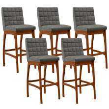 Kit 05 Banquetas Altas Para Cozinha Sala de Jantar Fixa Mila B04 Linho Cinza Escuro - Lyam Decor