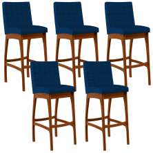Kit 05 Banquetas Altas Para Cozinha Sala de Jantar Fixa Mila B04 Suede Azul Marinho - Lyam Decor