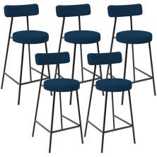 Kit 05 Banquetas Baixa Bar Cozinha Sala De Jantar Em Aço Milão L02 Suede Azul Marinho - Lyam Decor