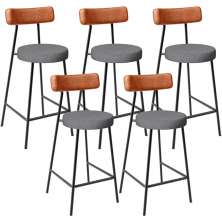 Kit 05 Banquetas Baixa Cozinha Jantar Milão L02 Couríssimo Camel Linho Cinza Escuro  - Lyam Decor
