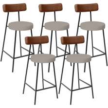 Kit 05 Banquetas Baixa Cozinha Sala De Jantar Milão L02 Couríssimo Marrom Linho Bege - Lyam Decor