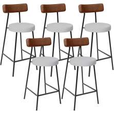 Kit 05 Banquetas Baixa Cozinha Sala De Jantar Milão L02 Couríssimo Marrom Linho Cinza - Lyam Decor