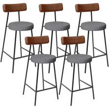 Kit 05 Banquetas Baixa Cozinha Sala Jantar Milão L02 Couríssimo Marrom Linho Cinza Escuro - Lyam Decor