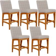 Kit 05 Banquetas Baixa Para Cozinha Bancada Bar Sala Jantar Fixa Mila L02 Linho Bege - Lyam Decor