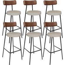 Kit 06 Banquetas Alta Cozinha Bar Sala Jantar Milão L02 Couríssimo Marrom Linho Bege - Lyam Decor
