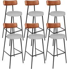 Kit 06 Banquetas Alta Cozinha Sala De Jantar Aço Milão L02 Couríssimo Camel Linho Cinza - Lyam Decor