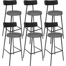 Kit 06 Banquetas Alta Cozinha Sala Jantar Milão L02 Couríssimo Preto Linho Cinza Escuro - Lyam Decor