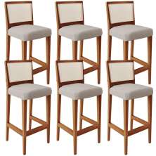 Kit 06 Banquetas Alta Para Cozinha Encosto em Tela Branco Zion L02 Linho Bege - Lyam Decor