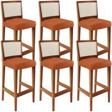 Kit 06 Banquetas Alta Para Cozinha Encosto em Tela Branco Zion L02 Tecido Terracota - Lyam Decor