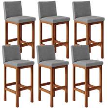 Kit 06 Banquetas Altas Para Cozinha Sala De Jantar Fixa Alya L02 Linho Cinza Escuro - Lyam Decor