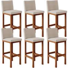 Kit 06 Banquetas Altas Para Cozinha Sala de Jantar Fixa Alya L02 Linho Bege - Lyam Decor