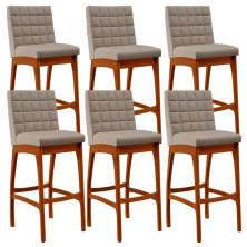 Kit 06 Banquetas Altas Para Cozinha Sala de Jantar Fixa Mila B04 Linho Bege - Lyam Decor