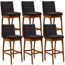 Kit 06 Banquetas Altas Para Cozinha Sala de Jantar Fixa Mila B04 Linho Chumbo - Lyam Decor