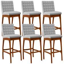 Kit 06 Banquetas Altas Para Cozinha Sala de Jantar Fixa Mila B04 Linho Cinza - Lyam Decor