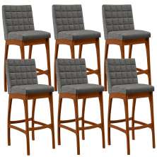 Kit 06 Banquetas Altas Para Cozinha Sala de Jantar Fixa Mila B04 Linho Cinza Escuro - Lyam Decor