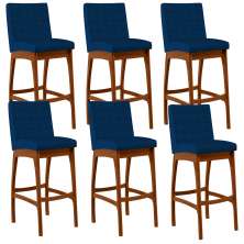 Kit 06 Banquetas Altas Para Cozinha Sala de Jantar Fixa Mila B04 Suede Azul Marinho - Lyam Decor