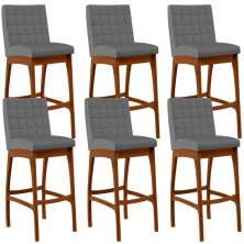 Kit 06 Banquetas Altas Para Cozinha Sala de Jantar Fixa Mila B04 Suede Cinza - Lyam Decor
