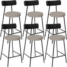Kit 06 Banquetas Baixa Bar Cozinha Sala Jantar Milão L02 Couríssimo Preto Linho Bege - Lyam Decor