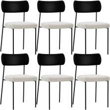 Kit 06 Cadeiras Estofadas Para Sala De Jantar Melina L02 Couríssimo Preto Bouclê Creme - Lyam Decor