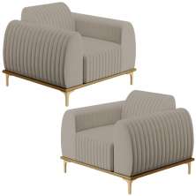 Kit 2 Poltronas Decorativas Base De Madeira Pés D'Ouro Molino D02 Linho Bege C-107 - Lyam Decor
