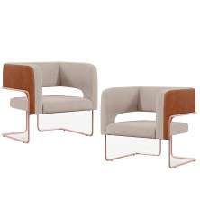 Kit 2 Poltronas Scarlett D02 Base Aço New Cobre Courissímo Camel B-14 Linho Bege C-107 - Lyam Decor