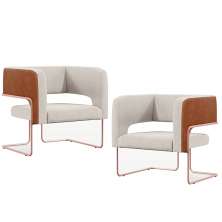 Kit 2 Poltronas Scarlett D02 Base Aço New Cobre Courissímo Camel B-14 Linho Cru C-443 - Lyam Decor