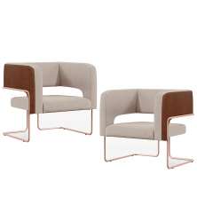 Kit 2 Poltronas Scarlett D02 Base Aço New Cobre Courissímo Marrom B-38 Linho Bege C-107 - Lyam Decor