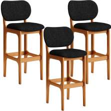 Kit 3 Banquetas Alta Bar Cozinha Sala Jantar Fixa Betta L02 Imbuia Linho Chumbo - Lyam Decor