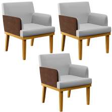 Kit 3 Poltronas Decorativa Para Sala De Estar Beatriz W01 Linho Cinza Couríssimo Marrom - Lyam Decor
