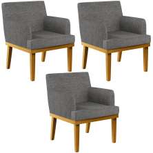 Kit 3 Poltronas Decorativas Para Sala De Estar Base Mel Beatriz W01 Linho Cinza Escuro - Lyam Decor