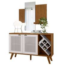 Kit Balcão Buffet Para Sala Estar Com Espelho Decorativo 91cm Atlanta N01 Ypê Off White - Lyam Decor