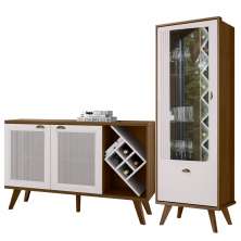 Kit Balcão Buffet Para Sala e Cristaleira Nicho Adega Led Atlanta N01 Imbuia Off White - Lyam Decor