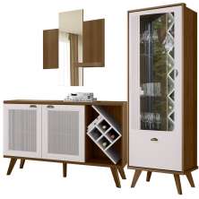 Kit Balcão Buffet Sala Cristaleira Nicho Adega e Espelho Atlanta N01 Imbuia Off White - Lyam Decor