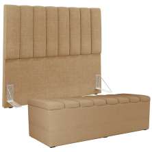 Kit Cabeceira Cama Box Casal 140cm Calçadeira Recamier Baú Dália W01 Linho Bege Escuro - Lyam Decor