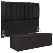 Kit Cabeceira Cama Box Casal 140cm Com Calçadeira Recamier Baú Dália W01 Linho Chumbo - Lyam Decor
