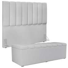 Kit Cabeceira Cama Box Casal 140cm Com Calçadeira Recamier Baú Dália W01 Linho Cinza - Lyam Decor