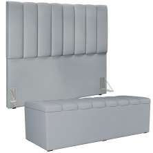 Kit Cabeceira Cama Box Casal 140cm Com Calçadeira Recamier Baú Dália W01 Suede Cinza - Lyam Decor