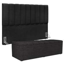 Kit Cabeceira Cama Box Casal King 195cm com Calçadeira Baú Dália W01 Linho Chumbo - Lyam