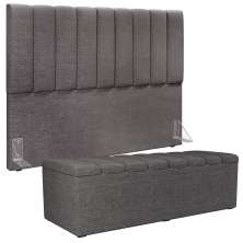 Kit Cabeceira Cama Box Casal King 195cm com Calçadeira Baú Dália W01 Linho Cinza Escuro - Lyam
