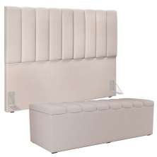 Kit Cabeceira Cama Box Casal King 195cm com Calçadeira Baú Dália W01 Linho Cru - Lyam