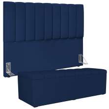 Kit Cabeceira Cama Box Casal King 195cm com Calçadeira Baú Dália W01 Suede Azul Marinho - Lyam