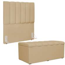 Kit Cabeceira Cama Box Solteiro 100cm Com Calçadeira Baú Dália W01 Linho Bege Escuro - Lyam Decor