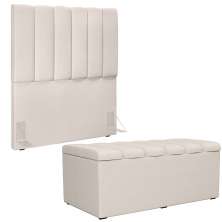 Kit Cabeceira Cama Box Solteiro 100cm Com Calçadeira Recamier Baú Dália W01 Linho Cru - Lyam Decor