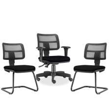 Kit Cadeira de Escritório Giratória e 02 Cadeiras Fixas Zip L02 Crepe Preto - Lyam Decor