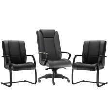 Kit Cadeira de Escritório Presidente com 02 Cadeiras Fixas New Onix F02 Couro Ecológico Preto - Lyam Decor