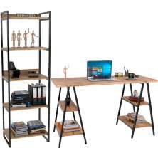 Kit Mesa Cavalete 135 cm com Estante 5 Prateleiras Estilo Industrial Form C01 Carvalho - Lyam Decor