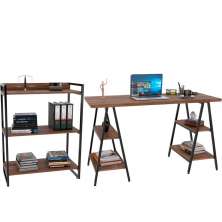 Kit Mesa Cavalete 150 cm com Estante 3 Prateleiras Estilo Industrial Form C01 Nogal - Lyam Decor