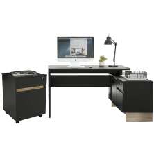 Kit Mesa Em L Para Escritório Home Office Com Gaveteiro Los Angeles P01 Preto Carvalho - Lyam Decor