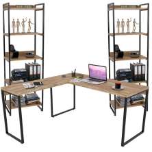 Kit Mesa Para Escritório Industrial em L com 2 Estantes com 5 Prateleiras Form C01 Carvalho - Lyam Decor